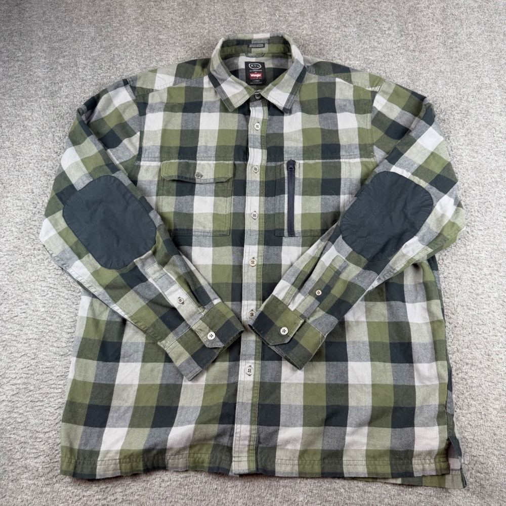 Wrangler ATG Flannel Shirt Men's Large Green Plaid Elbow Patch NTP58FS